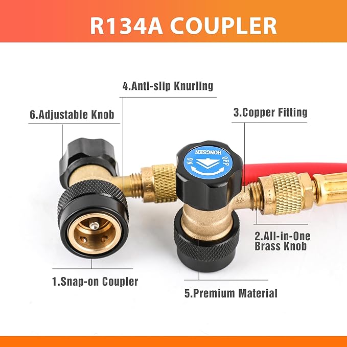 R134a Quick Coupler Adapter, Adjustable 134a Adapters, Quick Connectors for Car AC, HP LP Conversion Fittings for Evacuation Recharging, Built-in 1/4” Flares, Set of 2