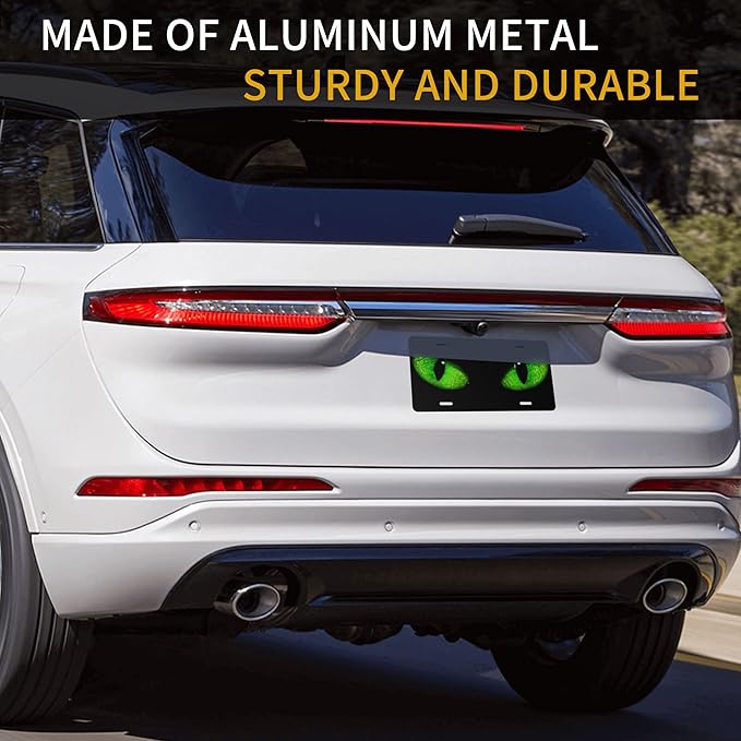 Front License Plate Green Cat Eye Vanity Plates Aluminum Metal Decorative Car Tag Face Novelty License Plate Cover for Men Women ‎6 * 12 in (4 Holes)