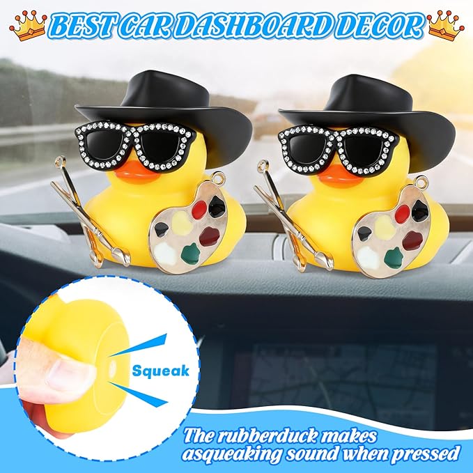 BOZILY Cowboy Hat RubberDuck - Rubber Duck Accessories with Hat, Glasses & Drawing Board, Multi-Purpose Decor for Car Dashboard and Desk, DIY Squeaky Gift for Adults, Art Lovers