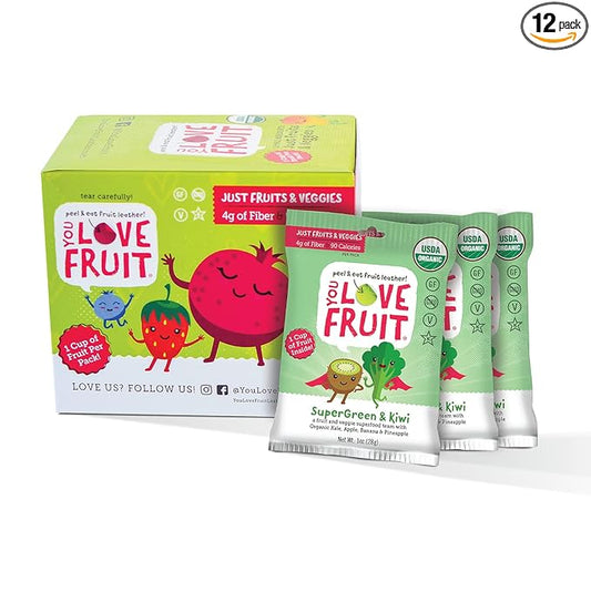 YOU LOVE FRUIT – SUPERGREEN & KIWI All Natural Fruit Snacks, Healthy Snack Pack, Real Fruit! Gluten Free, Non GMO, Vegan, Fiber packed, Low Fat, Kosher, Variety Pack, Great For Adding To Gift Box, 1.0 oz (Pack of 12)