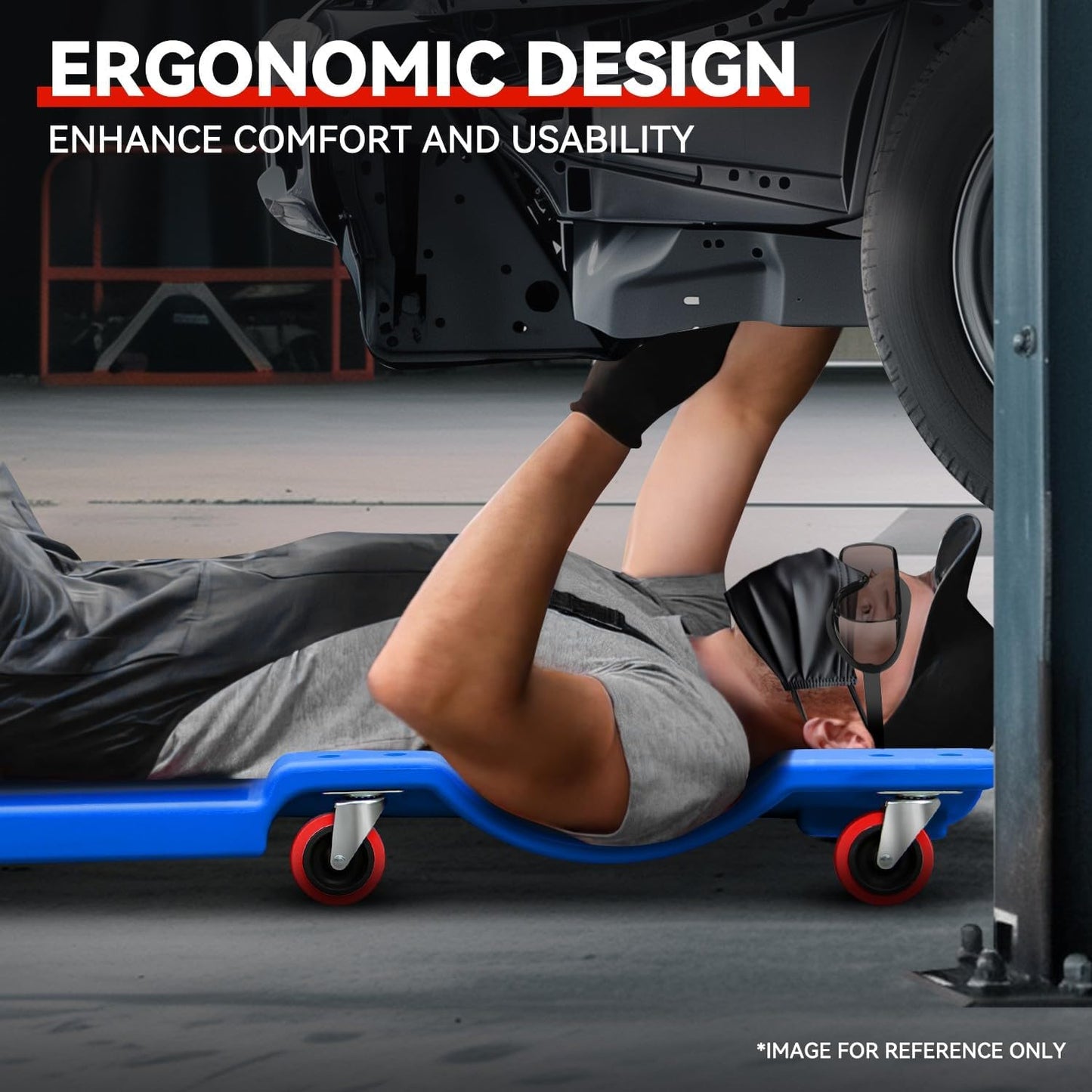 Auto Dynasty 36 Inches Mechanic Creeper, Automotive Garage Repair Low Profile Under Car Rolling Creeper with Padded Headrest, Plastic, Blue