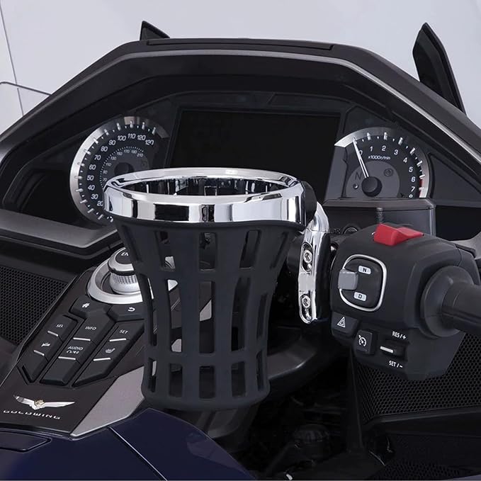 Motorcycle Handlebar Drink Cup Holder Plated and Rubber Chrome/Black Mount for Harley Davidson Passenger Water Bottle Holder with Mesh Basket for Honda Goldwing GL 1800 (102/142 MM)