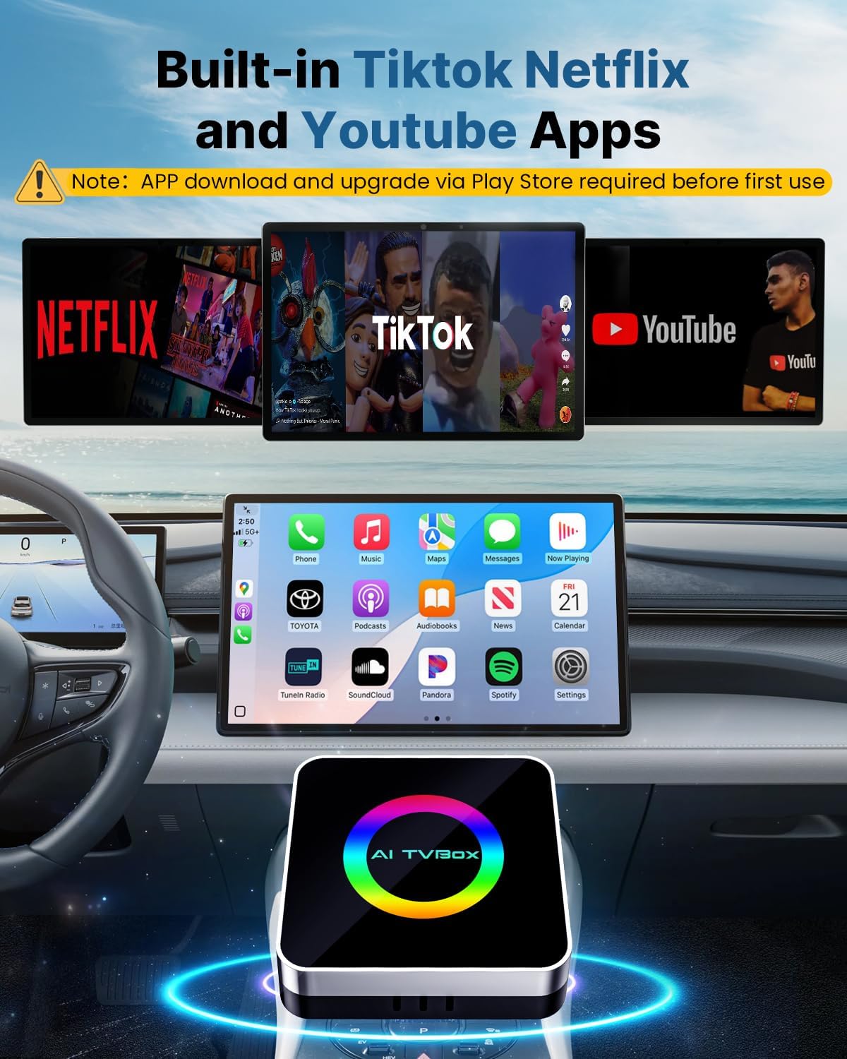 Sehawei Wireless CarPlay & Android Auto Adapter 2025 - Built-in Netflix, YouTube & TF Card Slot - Plug and Play, Convert Wired to Wireless - Compatible with 2015+ Cars, iOS 10+/Android 11+