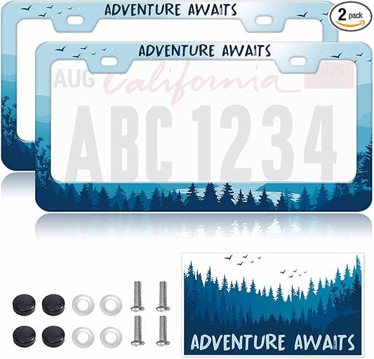 2pcs Blue Mountain Adventure AwaitsLicense Plate Frame for Women, Nature Forest Mountain River Landscape car tag Frames Girly for Vehicle with Non Adhesive Electrostatic Sticker