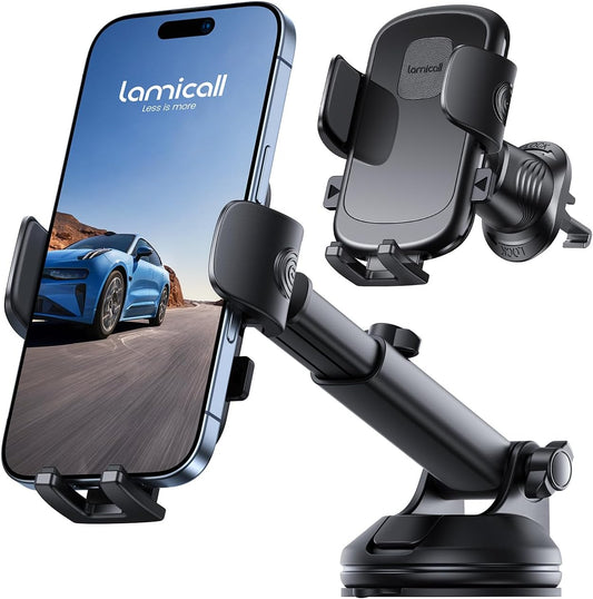 Lamicall Car Phone Holder Mount [3-in-1 Military-Grade Suction Cup] 360° Rotation Phone Holders for Your Car [Metal Hook] Cell Phone Car Mount Dashboard Vent Windshield Smartphone LeatherGrain