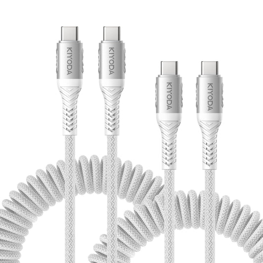 Coiled USB C to C Cable 3ft+6ft, Coiled USB C Cable for Car, Braided Type C Charger 66W Fast Charging Cord Compatible with iPhone 16 15, iPad, Samsung Galaxy, Google Pixel, Moto, LG, TCL Phones-Silver