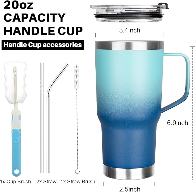 20 oz Tumbler with Handle, Stainless Steel Insulated Tumbler with Lid and Straw, Double Wall Vacuum Coffee Mug Tumbler,Insulated Coffee Thermal Cup for Cold and Hot(Light Dark Blue)