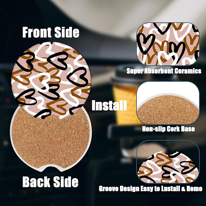 Car Cup Holder Coaster - Love Absorbent Ceramic Coaster 2 Pack, Car Coasters for Cup Holders, Fashion Car Interior Accessories Drink Coaster for Women & Men