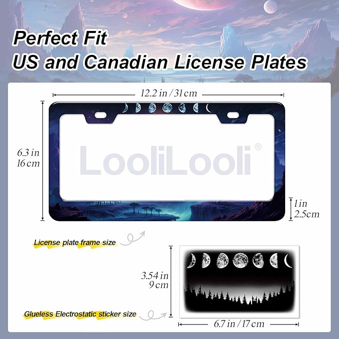 2pcs Moon Phase License Plate Frame for Women, Mysterious Planet car tag Frames Girly for Vehicle with Non Adhesive Electrostatic Sticker
