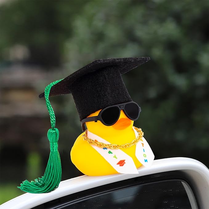 wonuu Graduation Stole Rubber Ducks, Dashboard Decorations Duck for Car Ornament Accessories with Hat Sunglasses Sash Chain (Green)