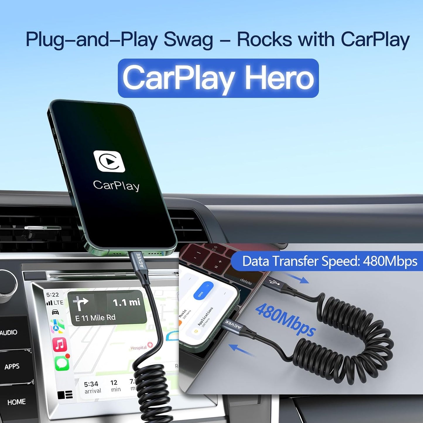 AGVEE 2 Pack 3ft Coiled Short USB-C to Lightning Charging Cable [MFI Certified] 30W PD Fast Charger Cord in Car for iPhone 14/13/12/11/XS/8/7/6/5 CarPlay, iPad, iPod, Dark Gray