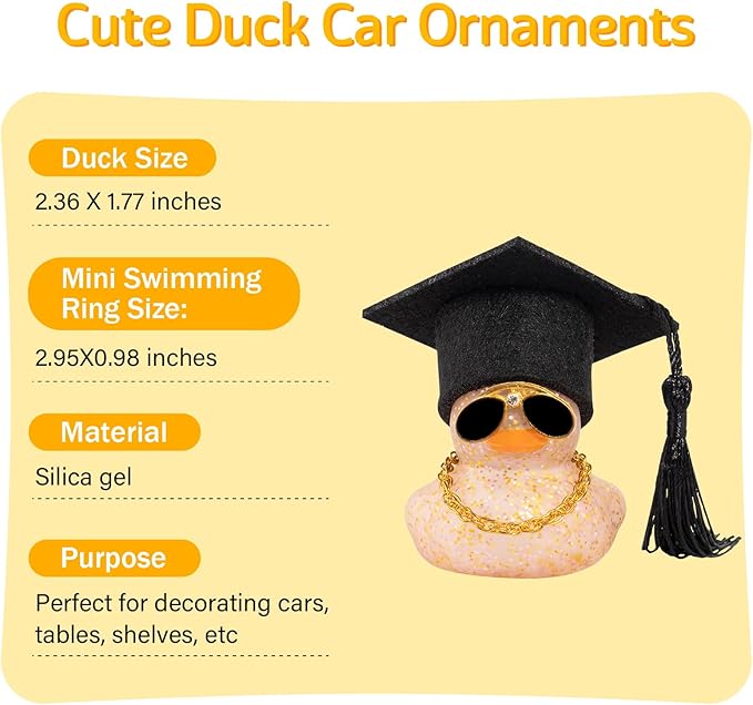 wonuu Car Dashboard Decor Graduation Hat Color Rubber Duck, Car Ducks Ornaments with Mini Graduation Hat Necklace Sunglasses (Brown)