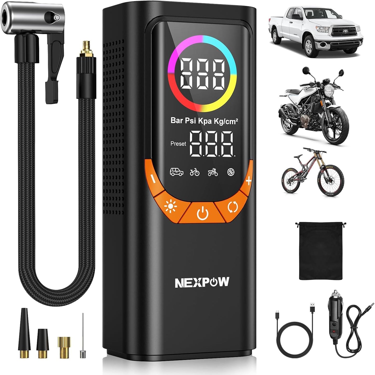 NEXPOW NP17 Portable Air Compressor, 150 PSI Digital Tire Inflator, Fast Inflation with Auto Shut-Off, LED Light, Multiple Nozzles for Car, Bike, and Ball, Compact Design, Orange
