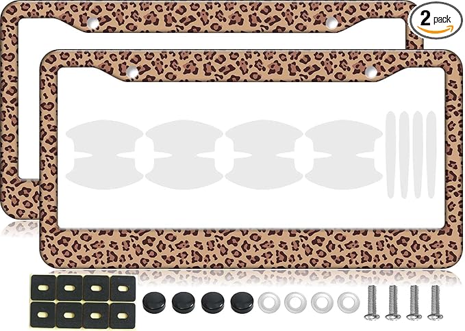 2PCS Brown Leopard Pattern License Plate Frames for Men Women - Universal Aluminum Stainless Steel Cheetah Car Tag Covers Holder with Screws, Caps, Rattle Proof Pads and Handlebar Stickers
