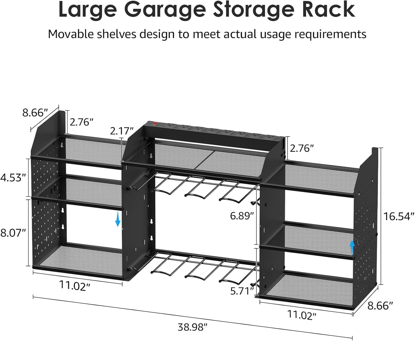 CCCEI Black Large Tools Organizer Wall Mount Charging Station, 39 Inch Long Power Tool Battery Storage Rack with 10FT Power Strip. 8 Drill Holder, Garage Utility Shelves. Pegboard Hanging Extension.