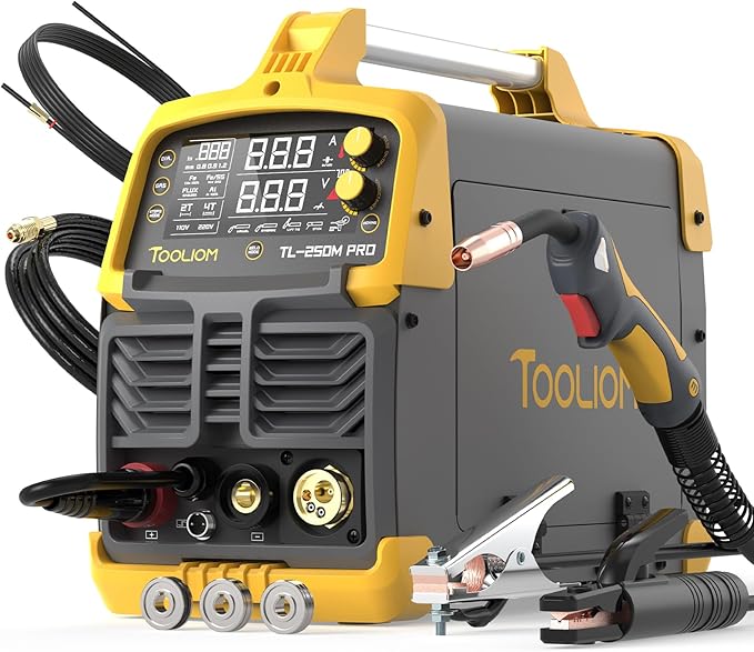 TOOLIOM Aluminum MIG Welder with Pulse 250A 110V/220V Dual Voltage 8 in 1 Multifunctional Welding Machine Pulsed MIG/MIG/Gas MIG/Flux Core/Spool Gun MIG/Lift TIG/Stick