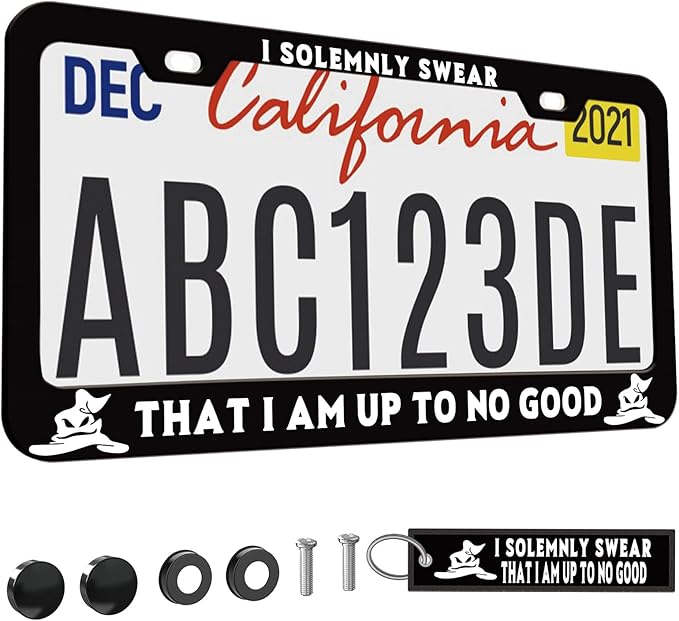 1pcs I Solemnly Swear That I Am Up to No Good License Plate Frame for Women, Funny car Decorative tag Frames Girly, License Plate Cover Holder for Vehicle with Double Sided car Keychain tag