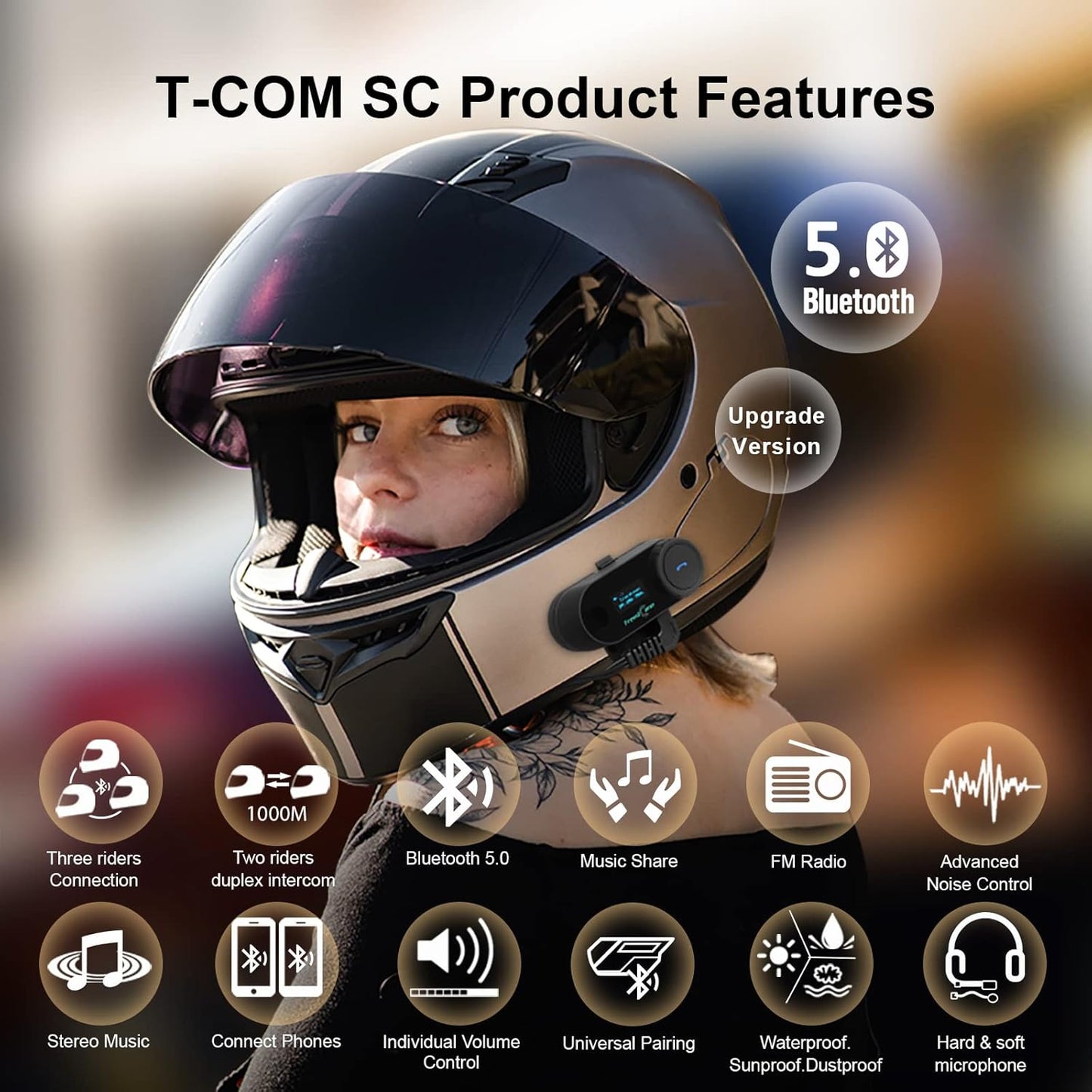 FreedConn TCOM SC Motorcycle Helmet Bluetooth Headset, Motorcycle Communication Systems with LCD Screen, CVC Noise Cancellation, Stereo Music, 3 Riders 0.5mi/800m 12Hrs Intercom, IP65, 1 Pack
