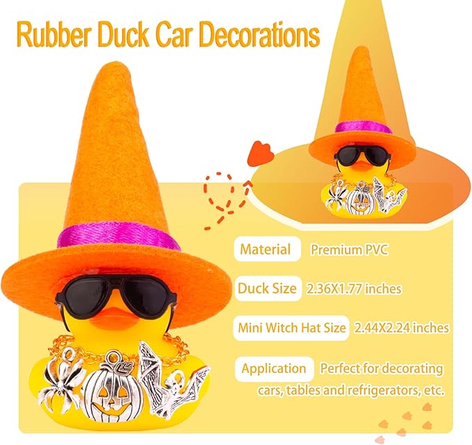 Rubber Duck Car Ornaments Yellow Duck Car Dashboard Decorations with Mini Witch Hat Sunglasses Necklace and Cute Accessories for Party Gifts(H5)