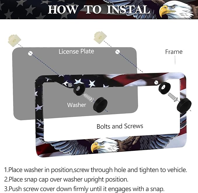 LIN KANG American Flag Eagle License Plate Frame Holder - 2 Pack Patriotic Universal Aluminum Matte Stripe US Flag Gloss Car Tag Frame Holder with Screws Fasteners Caps