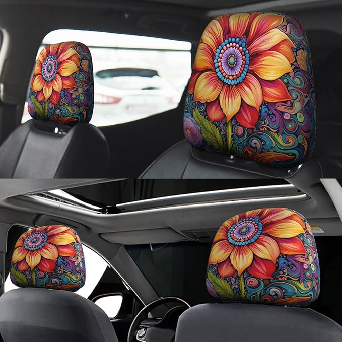 Dujiea 2 Pack Hippie Flower Car Headrest Covers, Universal Soft Car Seat Head Rest Cover Protector, Vehicle Accessories Fabric Headrest Cover for Cars Vans Trucks