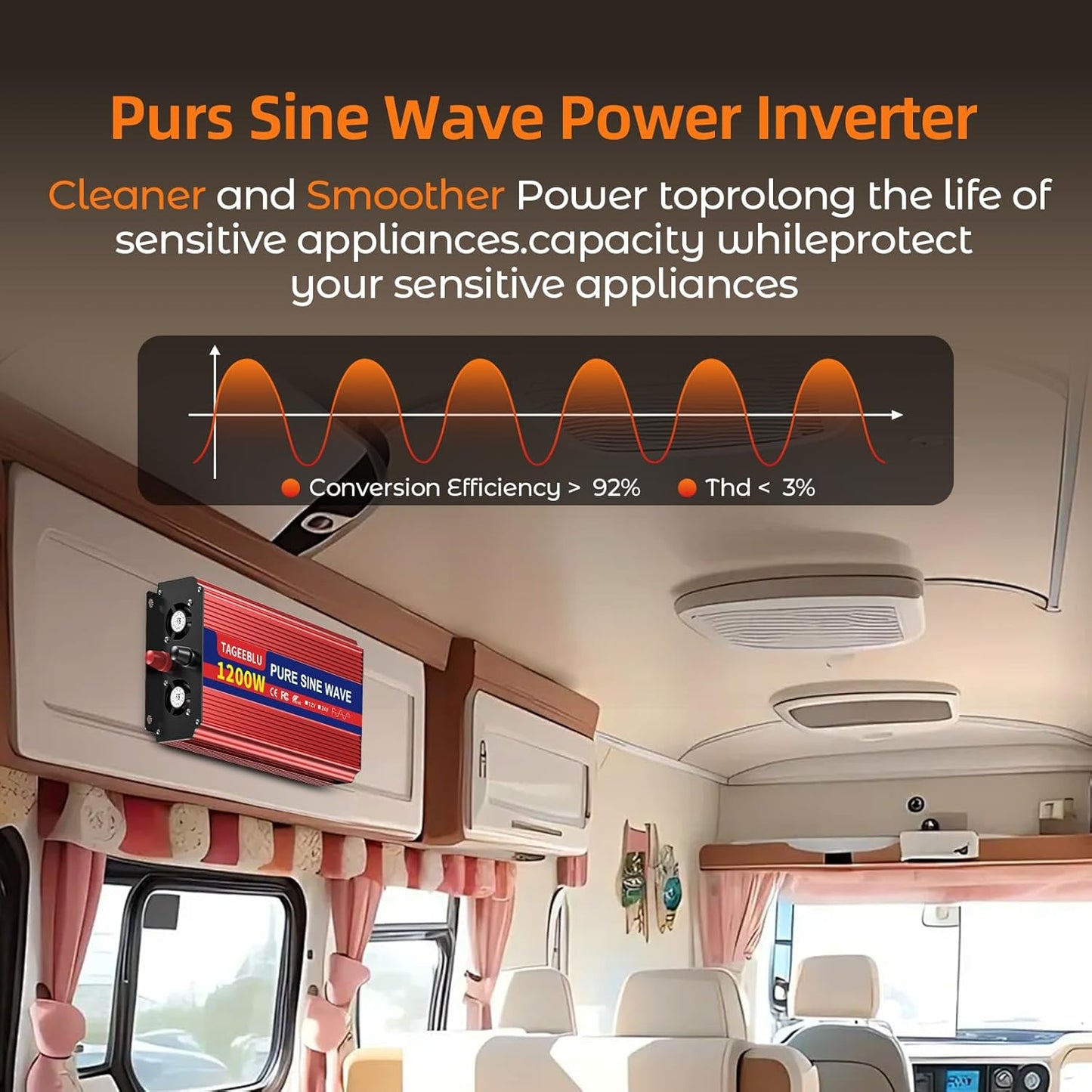 1200W Pure Sine Wave Inverter, 12V DC to 110V/120V AC Power Inverter for RV、Off Grid、Truck、with 2 AC outlets and LCD Display