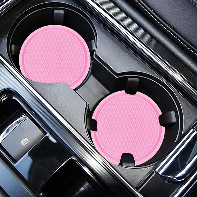 Car Cup Coaster, 4PCS Universal Auto Non-Slip Cup Holder Embedded in Ornaments Silicone Coaster, Car Interior Accessories Sets, Pink