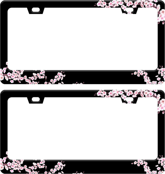 2pcs Cherry Blossoms License Plate Frame Beautiful Pink Flowers License Plate Frames Funny Auto Accessory Bracket Stainless Steel License Plate for Women Men 6x12 Inch