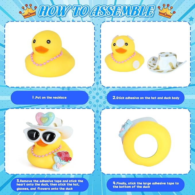 BOZILY Rubber Duck with White Sunglasses, Cowboy Hat, Heart Decor, Pink Necklace, Rose Bouquet & Adhesive Tapes,Cute Dashboard Decor for Adults, Home Office Decoration