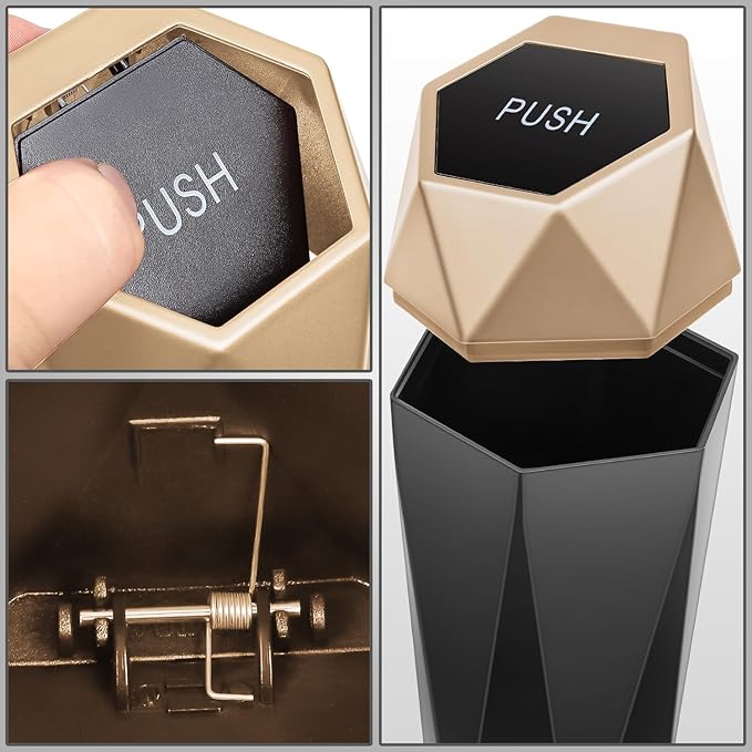 DNA MOTORING Mini Car Auto Trash Can with Removable Lid, Leakproof Mini Garbage Bin for Automotive Home Office,Black/Gold,ZTL-OD-01-GD