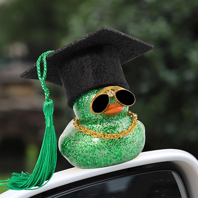 wonuu Car Dashboard Decor Graduation Hat Color Rubber Duck, Car Ducks Ornaments with Mini Graduation Hat Necklace Sunglasses (Dark Green)