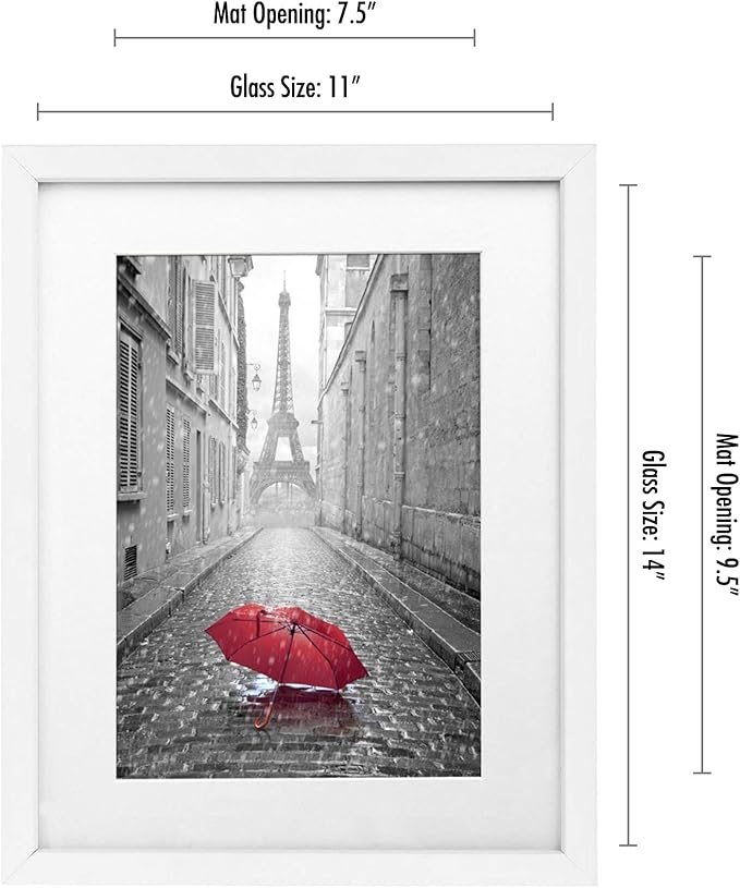 Americanflat 11x14 Picture Frame in White - Displays 8x10 With Mat and 11x14 Without Mat - Composite Wood with Shatter Resistant Glass - Horizontal and Vertical Formats for Wall