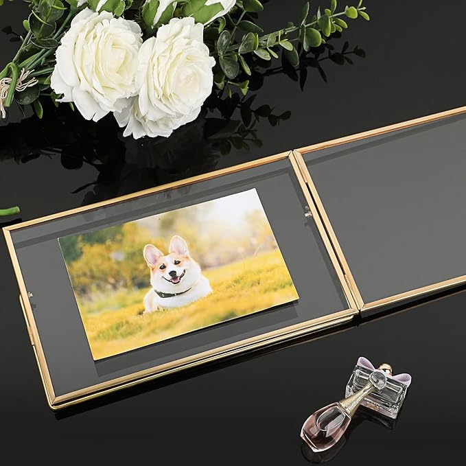 JUXYES Tabletop Business License Frame Brass License Certificate Display Frame, Double Glass Floating Diploma Frames, Desktop Golden Graduation Frames for 5.5x8.5 Certificate Business Licenses