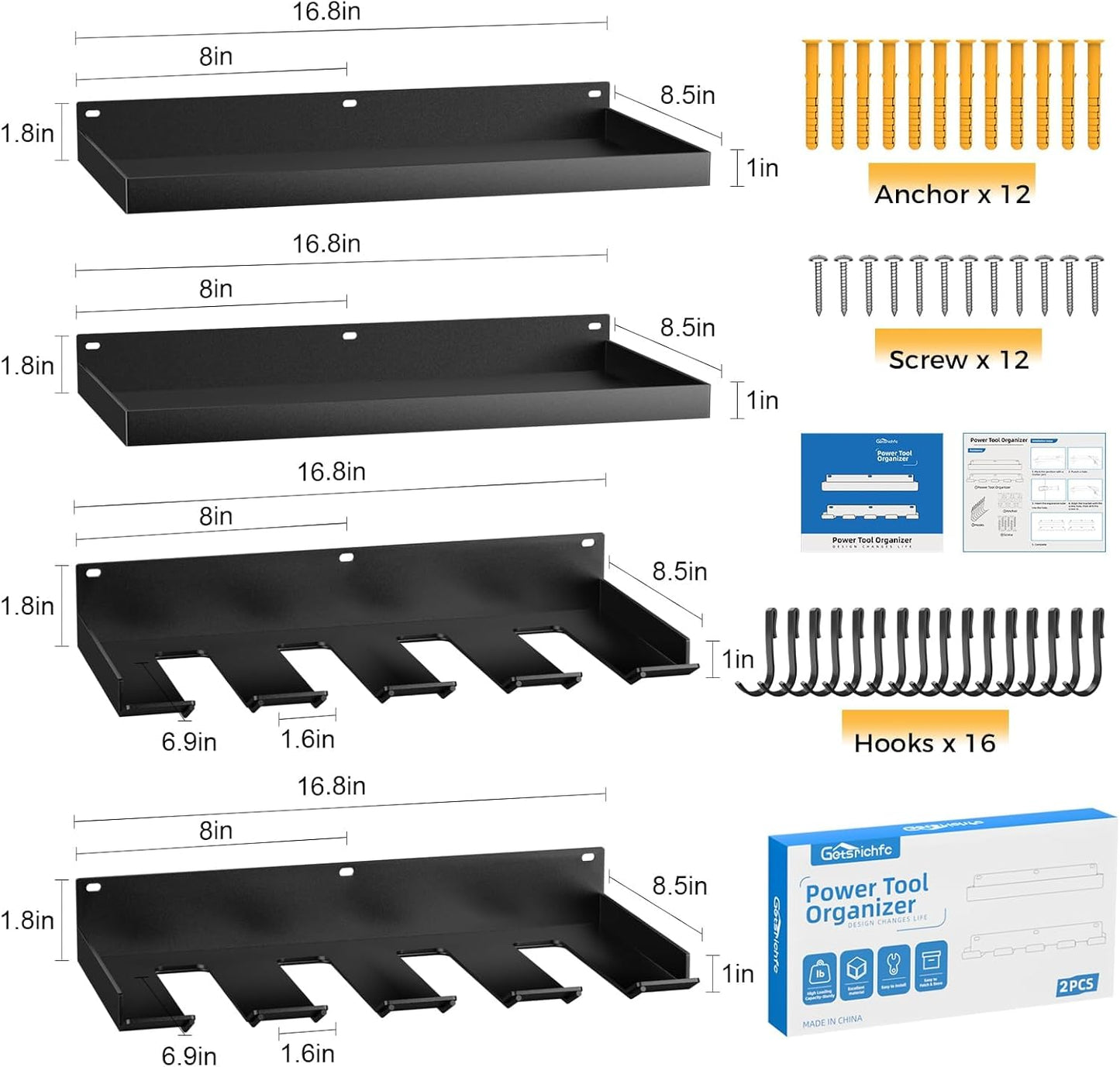 Power Tool Organizer Wall Mount with 8 Drill Holder, Formed Integrally Heavy Duty Garage Tool Organizers and Storage with Hooks for Battery, Tool Box, Screwdriver, Plier and Hammers No Crack