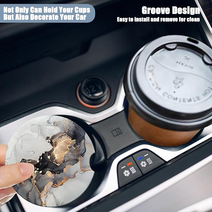 Car Cup Holder Coaster - Black White Marble Absorbent Ceramic Coaster, Car Coasters for Cup Holders, Auto Accessories for Women & Men, Pack of 2