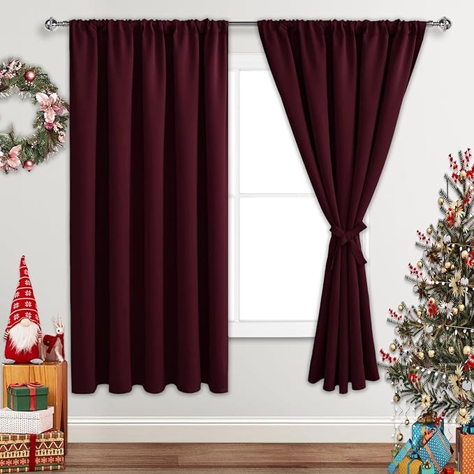 JIUZHEN Blackout Curtains for Bedroom - Thermal Insulated Room Darkening Rod Pocket Curtains for Living Room, Set of 2 Panels with Tiebacks, 60 x 72 Inch Length, Burgundy