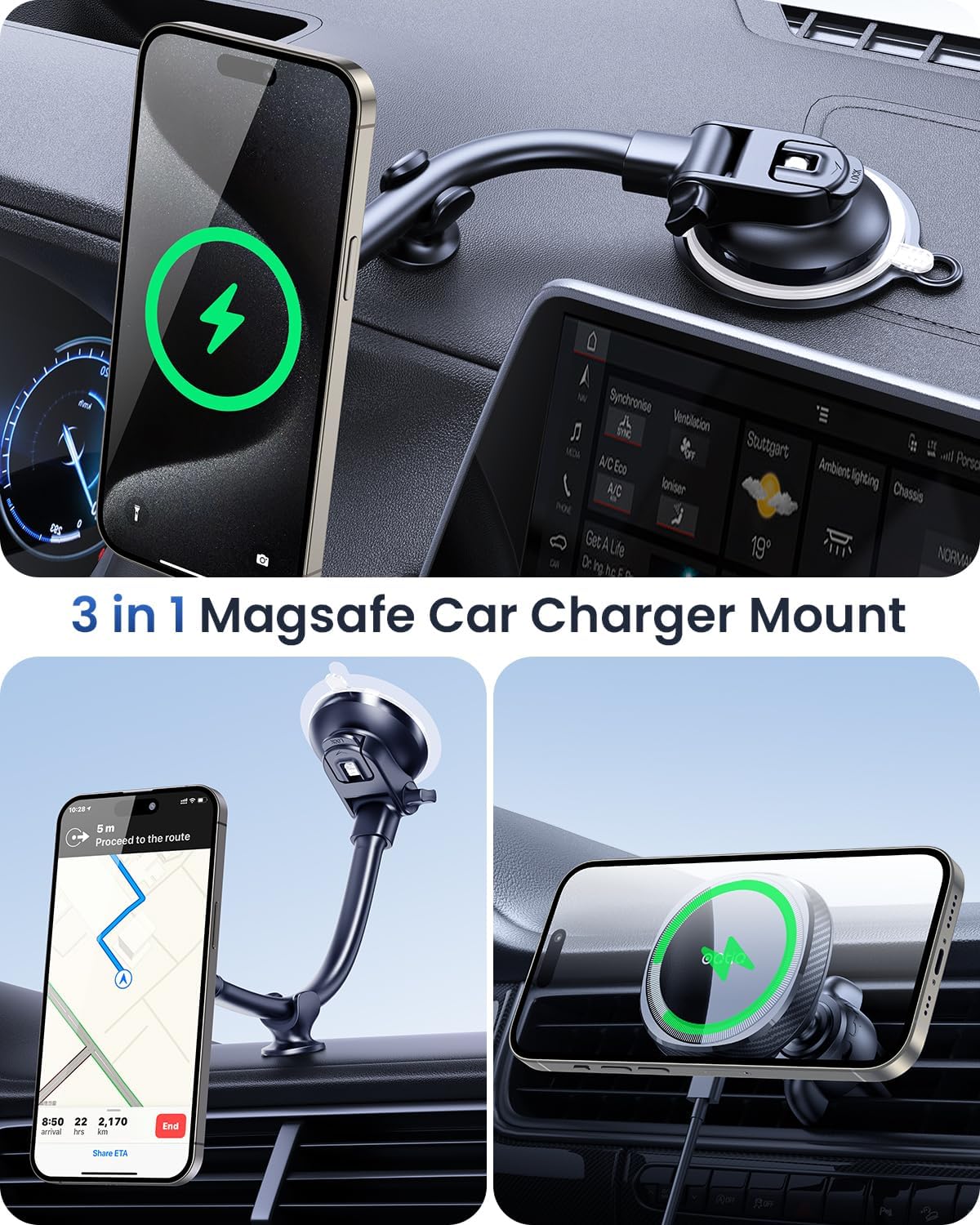 OQTIQ for MagSafe Car Charger, Magnetic Wireless Car Charger Compatible with iPhone 16 15 14 13 12 Series, 15W Fast Charging Car Phone Mount for Windshield Dashboard Air Vent [with PD 30W Adaptor]