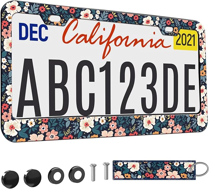 1pcs Cute Folk Floral License Plate Frame for Women, Colorful Flowers car Decorative tag Frames Girly,Beautiful Floral License Plate Cover Holder for Vehicle with Double Sided car Keychain tag
