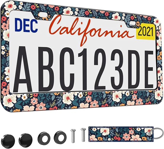 1pcs Cute Folk Floral License Plate Frame for Women, Colorful Flowers car Decorative tag Frames Girly,Beautiful Floral License Plate Cover Holder for Vehicle with Double Sided car Keychain tag