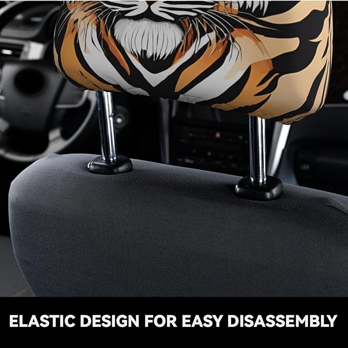 Dujiea 2 Pack Tiger Animal Print Car Headrest Covers, Universal Soft Car Seat Head Rest Protector, Vehicle Accessories Fabric Headrest Cover for Cars Vans Trucks
