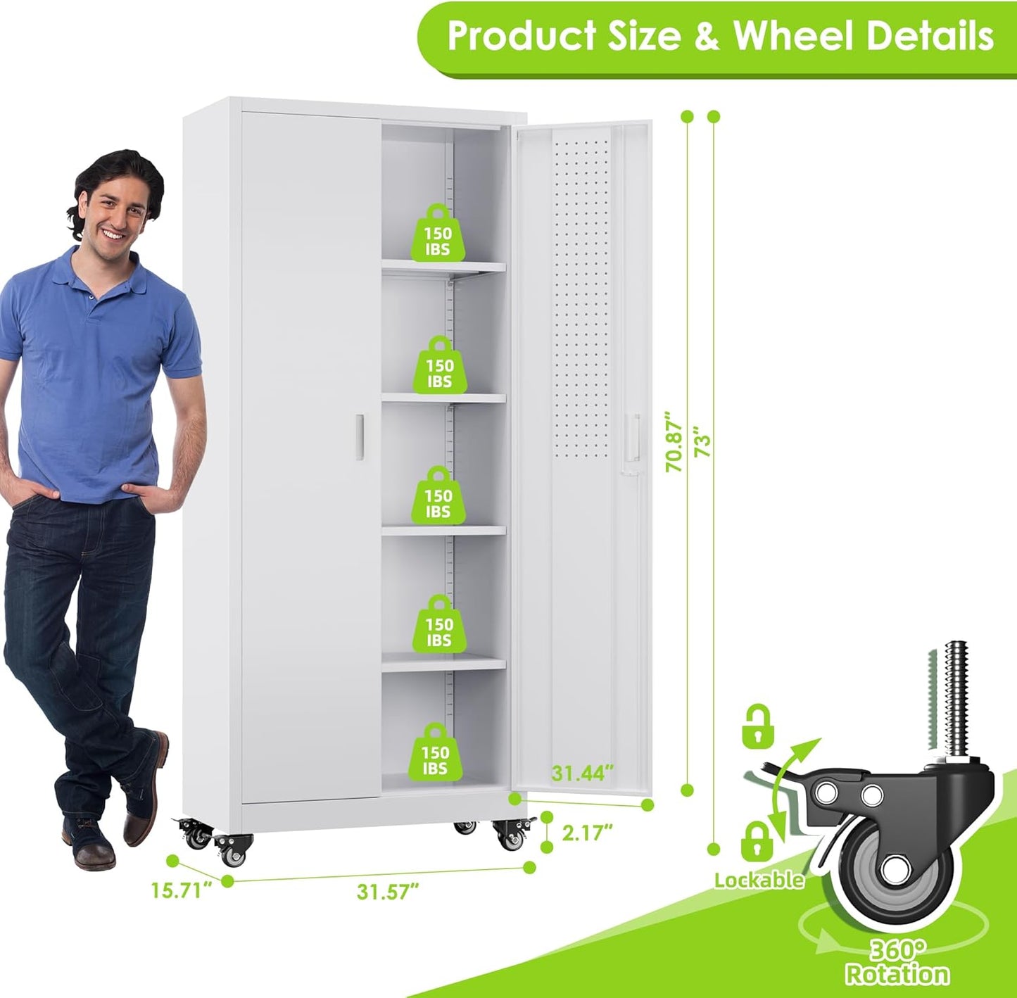 Garage Storage Cabinet with with Pegboard and Wheels,73" Metal Lockable File Cabinet with 2 Doors and 4 Adjustable Shelves,Tool Storage,Home Office Garage,Gym,School (White)