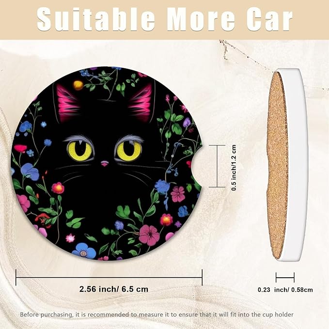 2 Pack Cute Flower Balck Coasters for Cup Holders, Ceramic Car Cup Holder Coaster for Car, Absorbent Car Cup Coasters with Cork Base Car Interior Accessories for Women Men