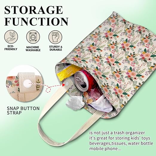 Car Trash Can, Cute Car Trash Bag, Hanging Car Organizer and Storage Bag, Trash Bin for Car Accessories, Vehicle, Travelling, Camping Cute White Floral