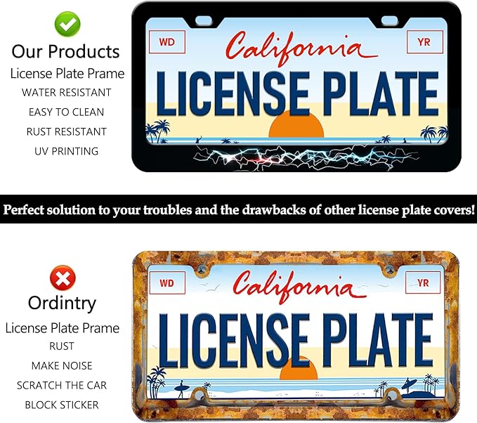 Colorful Lightning License Plate Frames - 2 Pack Funny Thunder License Plate Holder, Stainless Steel Rust-Proof Waterproof Car Decorative Tag Frame with Screws Fasteners Caps