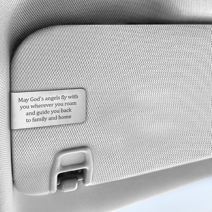 May God's Angels Fly With You Wherever You Roam and Guide You Back to Family and Home Engraved Stainless Steel Car Visor Clip, Travels Visor Car Accessories for Family Friend, New Driver Gifts