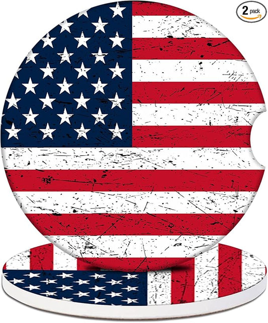Car Cup Holder Coaster - American Flag Absorbent Ceramic Coaster, Car Coasters for Cup Holders, Auto Accessories for Women & Men, Pack of 2
