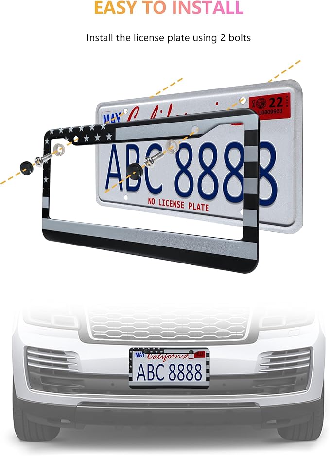 American Flag License Plate Frames - 2 Pack Black Stainless Steel Patriotic USA Car Tag Frame with UV-Printed Flag & 3D Metal Decals