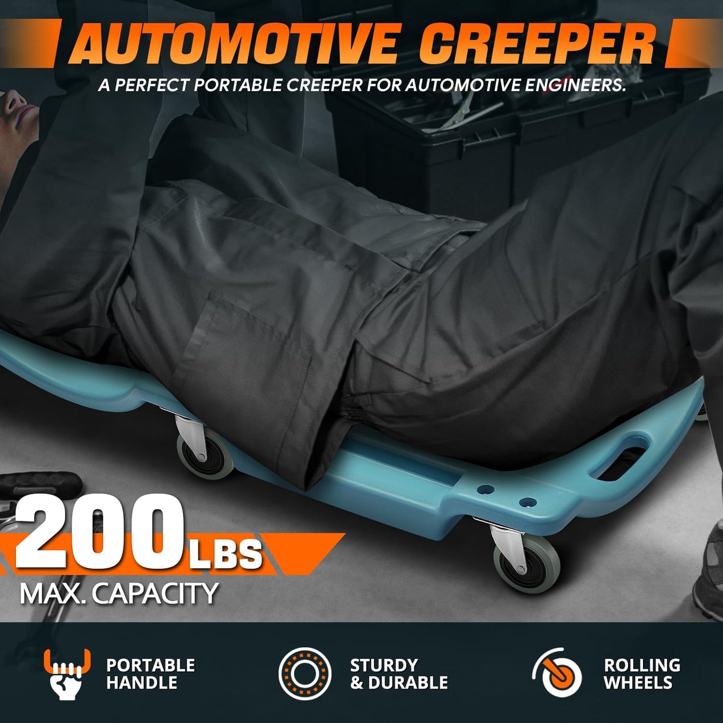 DNA MOTORING 40" L X 19" W Vehicle Repair Low Profile Plastic Rolling Garage Shop Creeper with Padded Headrest,Tool Trays & 6pcs Casters, Tiffany Blue, TOOLS-00217-TB