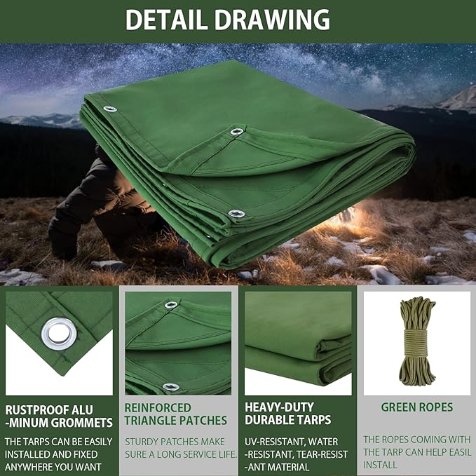 FoundGo Canvas Tarp 16x26 ft Heavy Duty Waterresistant Tarps with Grommets, UV Resistant, 22 Mil Tarpaulin,14 oz Durable Cloth Covers for Car, Roof, Boat, Camp, Canopy, Woodpile with Ropes-Green