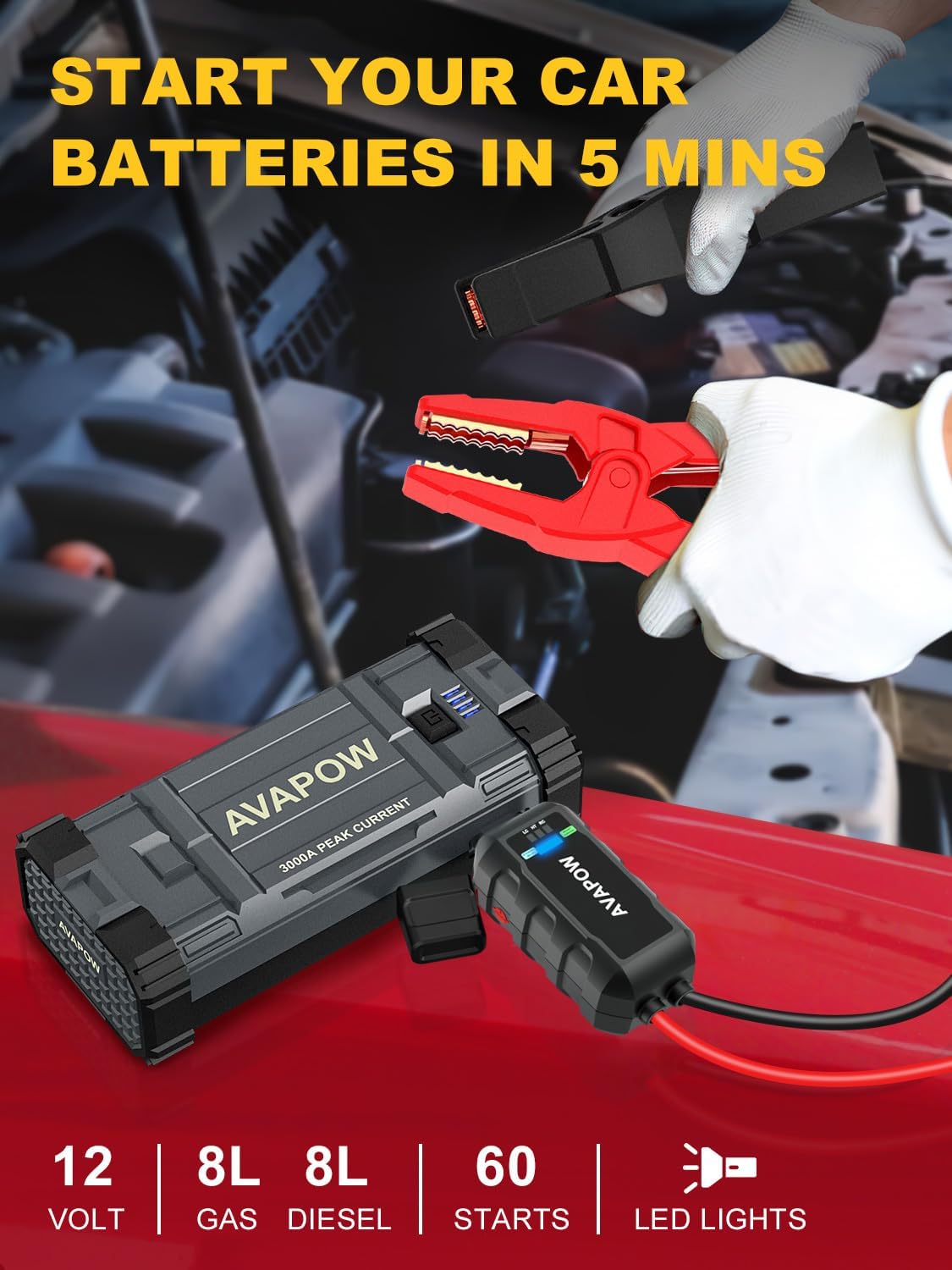 AVAPOW Car Battery Jump Starter 3000A Peak, Jumpstart with Force Start Function, Portable Starters for Up to 8L Gas 8L Diesel Engine with Booster Function,12V Lithium Jump Charger Pack Box